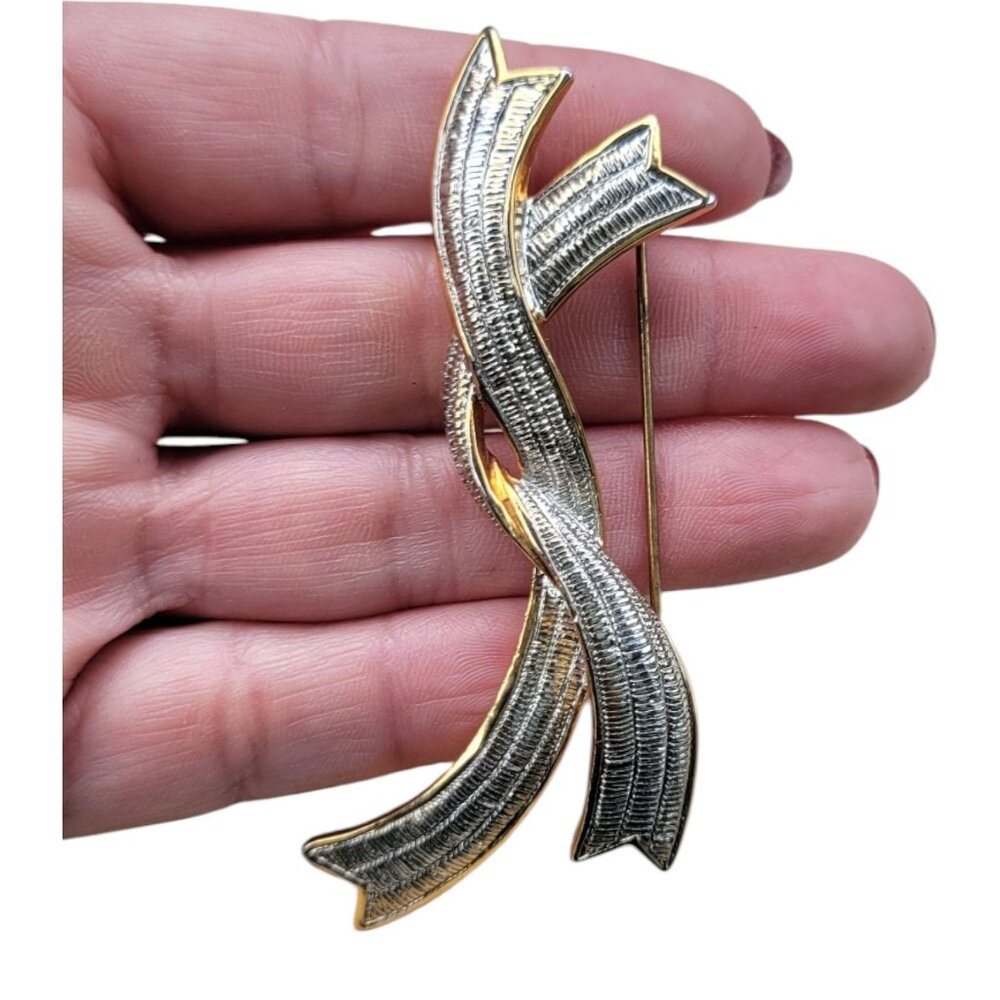 Vintage MCM Monet Brooch Two-Tone Ribbon Pin Sleek Classic Bow